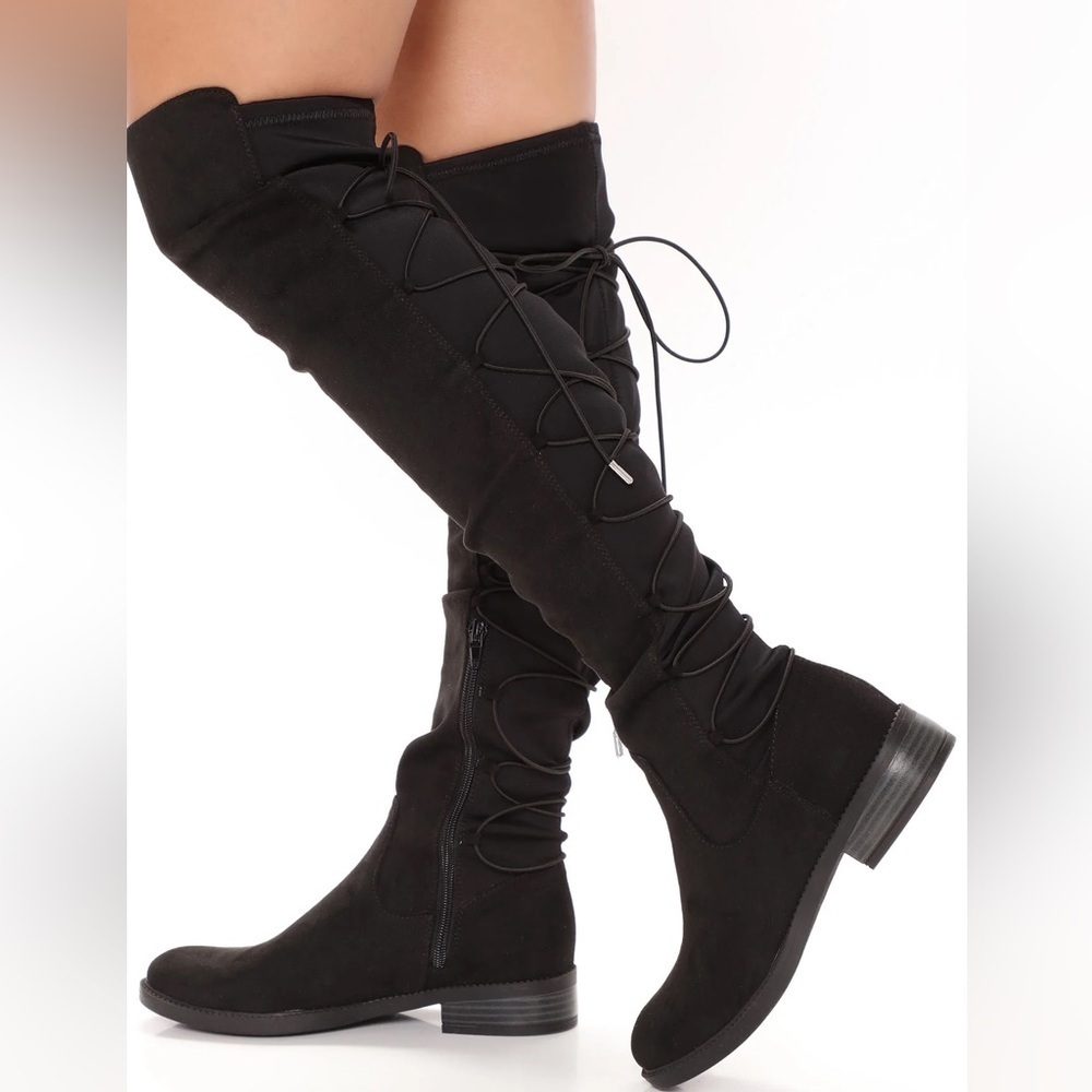Black Lace-Up Knee High Boots | Faux Suede | Size 6.5